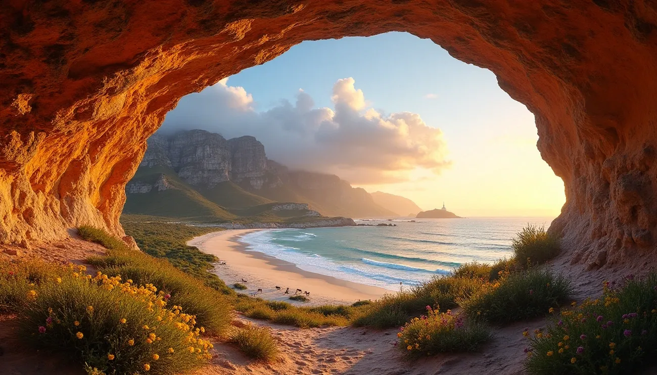 View of a serene South African beach and mountains at sunrise, framed by a rocky cave opening with wildflowers.