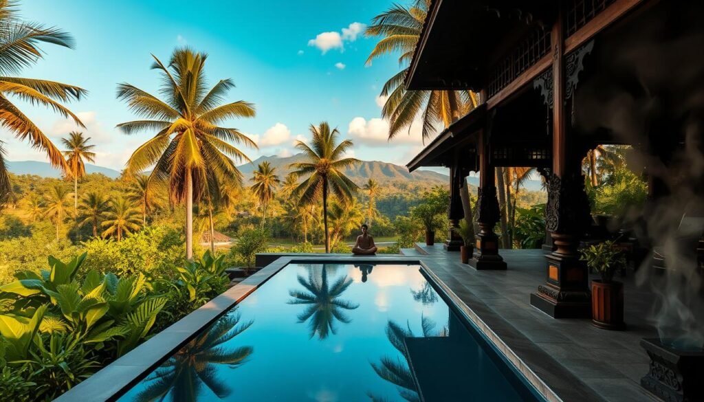 A serene Balinese wellness scene unfolds - a lush, verdant landscape with towering palm trees and vibrant tropical foliage. In the foreground, a tranquil pool reflects the azure sky above, surrounded by smooth stone pathways and ornate carved wooden structures. In the middle ground, figures sit in peaceful meditation, their movements slow and deliberate, as incense smoke drifts lazily through the warm, humid air. In the background, rolling hills and distant volcanic peaks rise, evoking a sense of spiritual connection to the land. The lighting is soft and diffused, creating a warm, golden glow that infuses the scene with a serene, otherworldly ambiance. Captured with a wide-angle lens to emphasize the expansive, immersive nature of this wellness oasis.