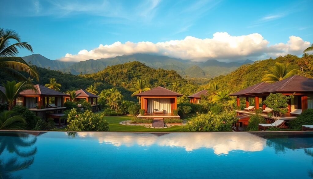 A tranquil, luxurious wellness retreat nestled amidst the lush, verdant hills of Bali. In the foreground, a serene infinity pool reflects the surrounding tropical foliage and clear, azure sky. Elegant, modern villas with natural wood and stone accents dot the landscaped gardens, inviting guests to indulge in holistic therapies and wellness activities. The middle ground features a serene meditation pavilion, its open-air design allowing the gentle breeze to carry the scent of fragrant flowers. In the background, majestic, cloud-capped mountains rise, creating a breathtaking backdrop for this oasis of relaxation and rejuvenation. Warm, golden lighting filters through the canopy, casting a soft, soothing glow over the entire scene. The overall mood is one of tranquility, luxury, and harmony with nature.