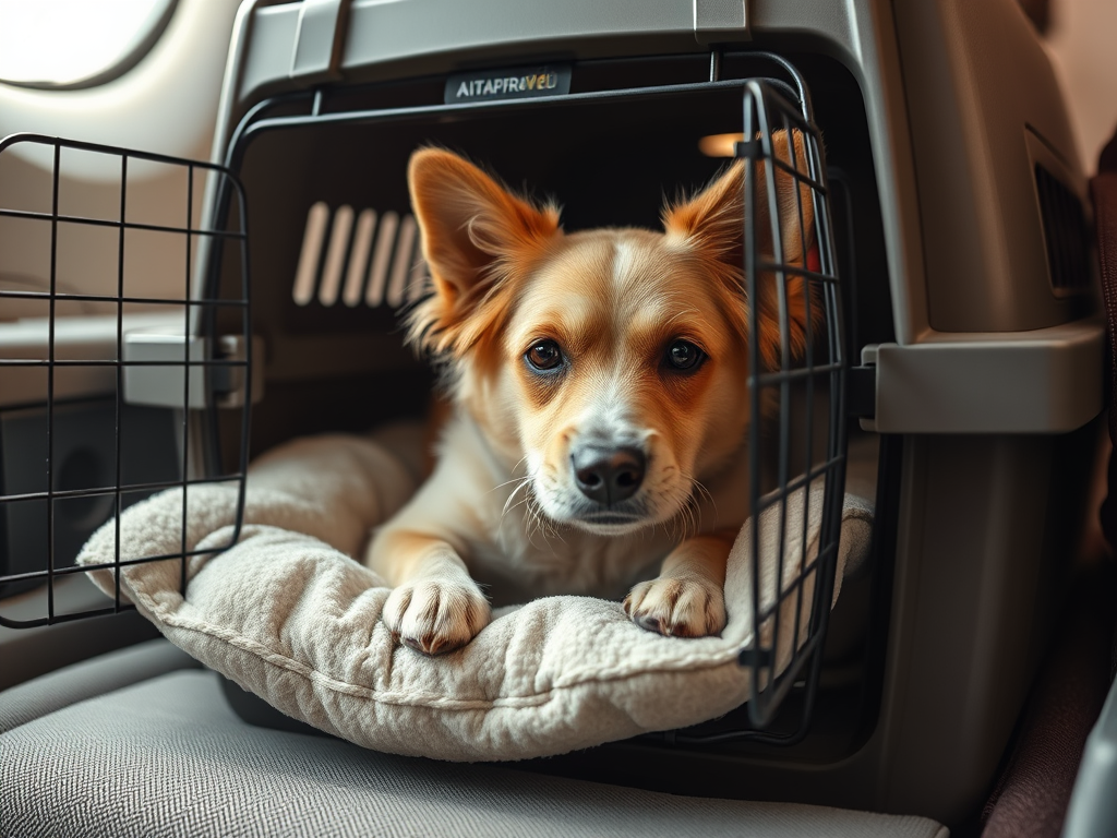 Moving Abroad with Pets: 10-Step Guide to Safely Relocate 2 Pet in Travel Crate: A dog or cat comfortably resting in an IATA-approved crate (Caption: “Preparing your pet for travel with a proper crate”).