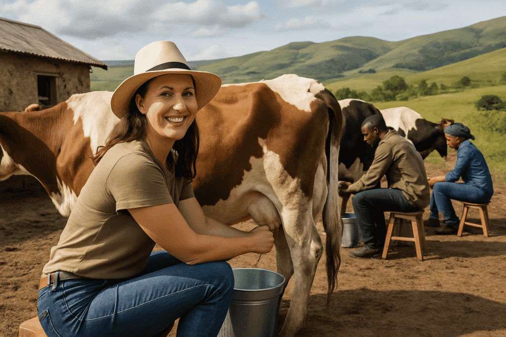  Visitors milking cows at a rustic South African farm, with rolling hills behind, to depict rural upskilling in sustainable travel trends.

