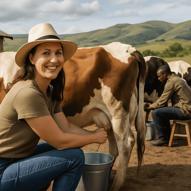 Visitors milking cows at a rustic South African farm, with rolling hills behind—to depict rural upskilling in sustainable travel trends.