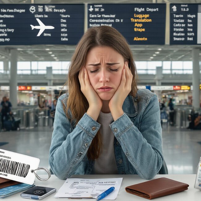 Create a realistic image of a stressed traveler (white female) sitting in an airport with multiple travel problems visible around her - a luggage tag showing "mishandled.