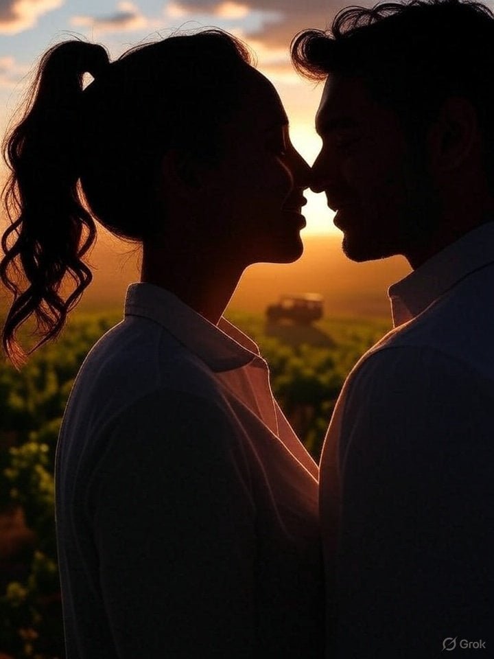 A romantic couple silhouetted against a sunset in the Cape Winelands, with rolling vineyards and a distant safari jeep—perfect for evoking the blend of serenity and adventure in 2025 travel trends.

