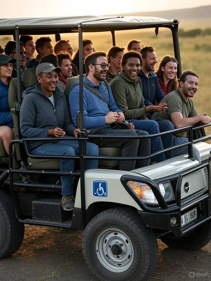 A diverse group in an adapted safari vehicle spotting wildlife in the Maasai Mara at dawn highlights accessibility in adventure travel trends for 2025.

