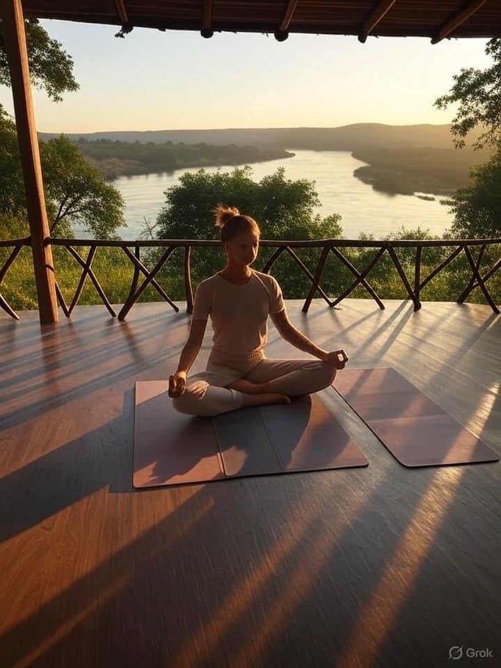 A serene yoga session at dawn in a Zambian safari lodge overlooking the Zambezi River, showcasing calm in wellness travel trends.

