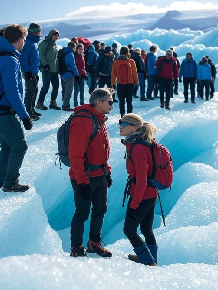  Hikers exploring Iceland's icy blue glaciers under a clear sky, embodying coolcations in adventure travel trends.

