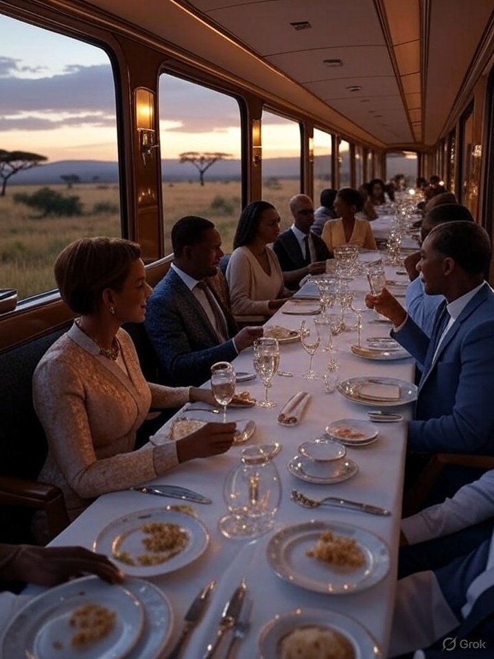 The Rovos Rail gliding through African landscapes at dusk, with elegant passengers toasting inside—capturing luxury in 2025 travel trends.

